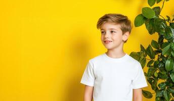Male child, boy wearing wearing plain white t shirt mockup standing yellow background, providing minimalist template for graphic design concepts photo