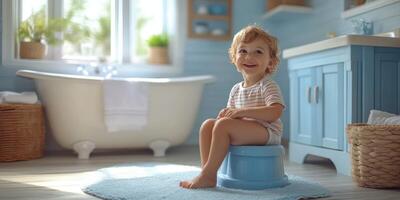 Toddler happily sitting on potty in bright, cozy bathroom during daytime in a cheerful atmosphere photo