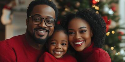 Happy family celebrating together near a Christmas tree adorned with lights and ornaments in a cozy living room during the holidays photo