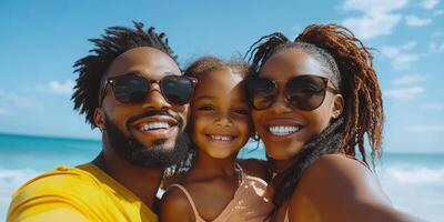 Family enjoying a sunny day at the beach with clear blue skies and vibrant smiles photo