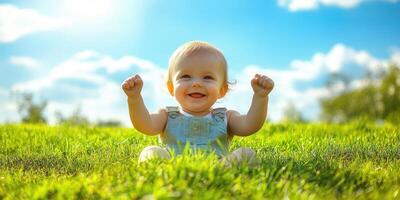 Happy baby sitting on green grass under bright blue sky enjoying a sunny day outside in spring or summer photo