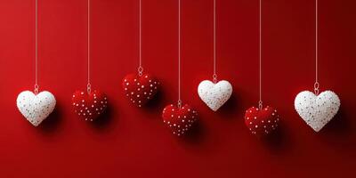 Heart-shaped decorations in red and white hanging against a vibrant backdrop during a festive celebration photo