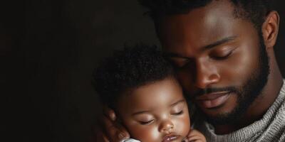 Father lovingly embraces his sleeping baby in a dimly lit room showcasing tender moment of connection photo