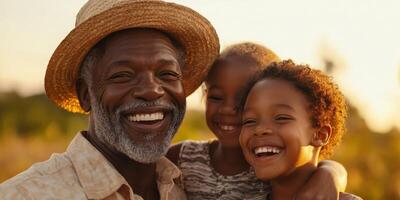 Grandfather enjoys a sunny day with his grandchildren in a peaceful outdoor setting at sunset, sharing laughter and joy photo