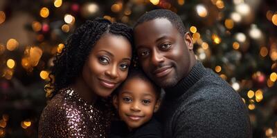 Family poses together with joy in front of a beautifully decorated Christmas tree during holiday celebrations photo