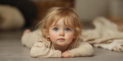 Cute toddler with big eyes lying on the floor in a cozy living space during the afternoon photo