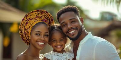 Smiling family enjoying a sunny day outdoors in a vibrant setting with colorful traditional attire and joyful expressions photo