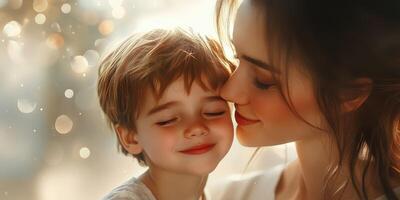 Warm moment between mother and child during golden hour with soft bokeh background photo
