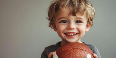 Young boy smiles while holding a football indoors in a warm and inviting atmosphere photo