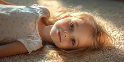Young girl resting on the carpet in warm sunlight during a quiet afternoon at home photo