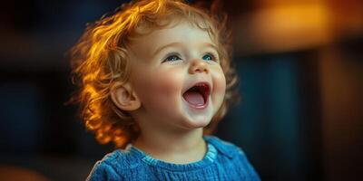 Child with curly hair laughing joyfully indoors during warm evening light photo