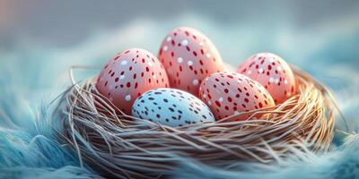 Colorful decorated eggs in a nest surrounded by soft fibers during springtime celebration photo