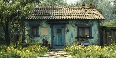 Quaint cottage with rustic charm surrounded by lush greenery and blooming flowers in a tranquil countryside setting photo