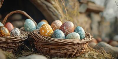 Colorful decorated eggs nestled in natural baskets in a rustic outdoor setting during springtime celebration photo