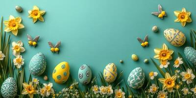 Colorful decorations with Easter eggs and daffodils on a teal background during spring celebration photo