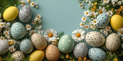 Colorful Easter eggs arranged with flowers on a blue background for festive spring celebration photo