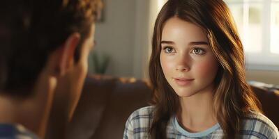 Engaging conversation between two young friends in a cozy living room in the afternoon light photo