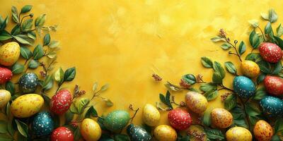 vistoso Pascua de Resurrección huevos arreglado con verdor en un brillante amarillo antecedentes creando un festivo primavera atmósfera foto