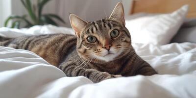 Relaxed tabby cat lounging comfortably on a bed in natural light during the day photo