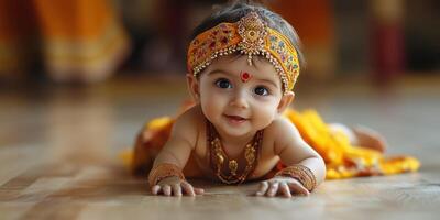 Joyful baby in vibrant traditional attire smiles while crawling on wooden floor at festive celebration photo