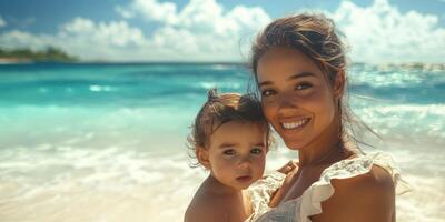 Mother and child enjoying a sunny day at the beach with turquoise waters and fluffy clouds in the background photo