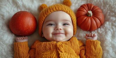 Baby smiling joyfully surrounded by pumpkins and apples in a cozy autumn setting photo
