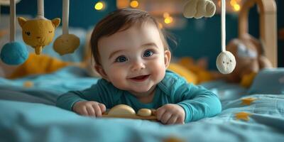 Baby enjoying playtime on a colorful bed with mobile toys in a cozy room filled with warm lights photo