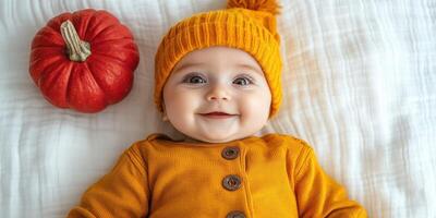 Smiling baby dressed in orange with a pumpkin during autumn season indoors photo