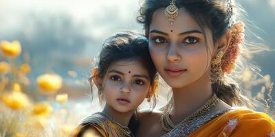 Mother and child in traditional attire during a festive celebration in a vibrant flower field photo