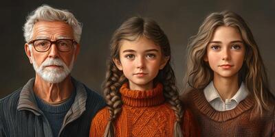 Elderly man and two young girls posing together with warm expressions in a cozy indoor setting during the autumn season photo