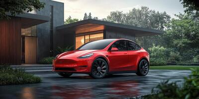 Stylish electric car parked in front of a modern house during early morning lighting photo