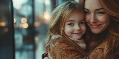 Mother and daughter share a joyful moment in a cozy setting during the golden hour photo