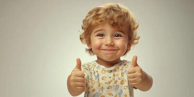 Happy child smiling and giving thumbs up against a neutral background in a cheerful indoor setting photo