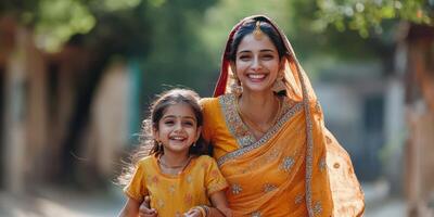 Joyful mother and daughter celebrating in bright traditional attire during a sunny day in a vibrant neighborhood photo