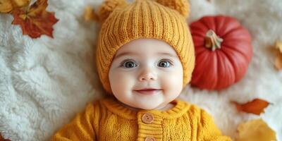 Smiling baby in cozy autumn attire surrounded by pumpkins and colorful leaves photo