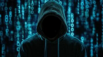 Hooded hacker typing on laptop in shadowy workspace, representing cybersecurity threat digital privacy breach cyber risk photo