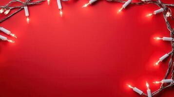 christmas Warm glow of string lights forming festive border, highlighting cozy holiday ambiance and celebratory mood red background Copy space for text photo