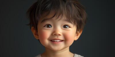 Smiling child with joyful expression and round face against dark background in soft lighting photo