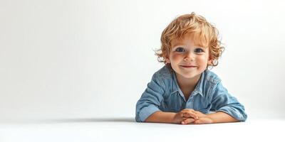 Child with curly hair smiling while resting on hands in a light background during a playful indoor moment photo