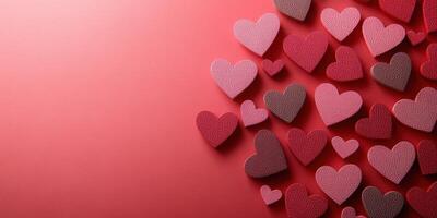 Colorful hearts in various shades scattered on a red background for a festive atmosphere photo