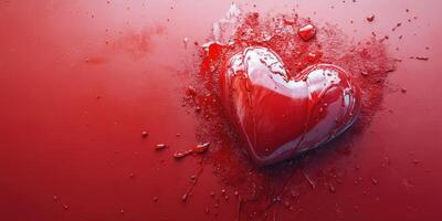 Heart shaped object surrounded by splashes of red paint on a vibrant surface photo