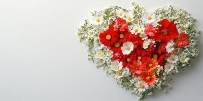 Colorful heart shape made of various flowers on a light background for celebration and decoration photo