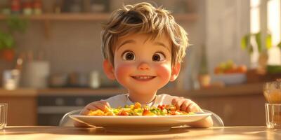 Joyful young boy eagerly looking at a colorful plate of food in a bright kitchen setting during daylight photo