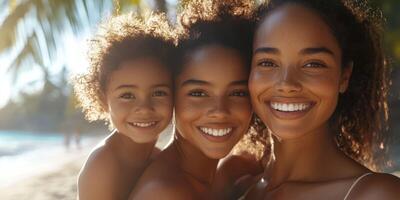 Smiling family enjoying a sunny day at the beach with palm trees and gentle waves in the background photo