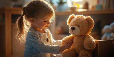 Little girl plays with a teddy bear in a cozy room filled with soft sunlight during the afternoon photo