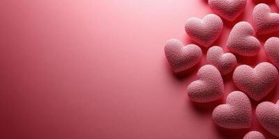 Collection of soft pink hearts scattered on a pastel background during a celebration of love and affection in a cozy setting photo