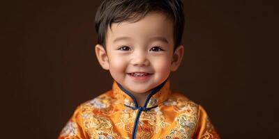 Young boy wearing traditional orange outfit smiles brightly against a dark backdrop in a moment of joy photo