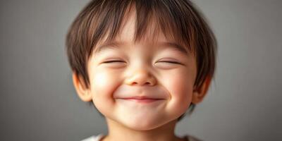 Joyful young child with bright smile and sparkling eyes on neutral background photo