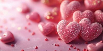 Delicious heart-shaped candies scattered on a pink background perfect for celebrating love and affection during special occasions photo