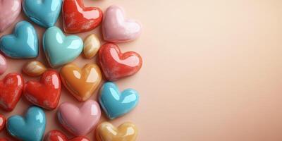 Colorful heart-shaped candies arranged beautifully on a pastel background for a sweet celebration photo
